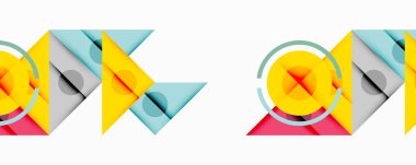 Kesişen üçgenler, daireler ve gradyanlarla soyut geometrik bileşim, derinlik ve kontrastla dinamik bir katman oluşturur.