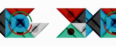 Katmanlı üçgenler, daireler ve gradyanlarla birlikte geometrik soyut tasarım, keskin zıtlıklar ve derinlikle yapılandırılmış bir model oluşturur.