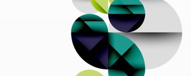 Üst üste binen daireler ve gradyanlarla soyut geometrik çizimler, daire kare üçgen şekilleri arka plan şekilleri keskin açısal kesikler, pürüzsüz gölgeleme ve yapılandırılmış katman bileşimi