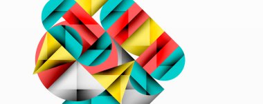 Üst üste binen daireler ve gradyanlarla soyut geometrik çizimler, daire kare üçgen şekilleri arka plan şekilleri keskin açısal kesikler, pürüzsüz gölgeleme ve yapılandırılmış katman bileşimi