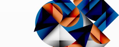 Üst üste binen daireler ve gradyanlarla soyut geometrik çizimler, daire kare üçgen şekilleri arka plan şekilleri keskin açısal kesikler, pürüzsüz gölgeleme ve yapılandırılmış katman bileşimi