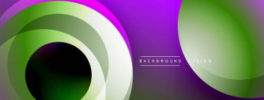 Katmanlı dairesel şekiller canlı renklerde, düzgün geçiş, derinlik efektleri ve modern, fütürist estetiğe sahip, gradyan açısından zengin soyut bir tasarım oluşturur.