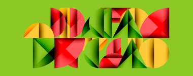 Katmanlı gradyan şekilli soyut geometrik arkaplan dinamik desenler oluşturuyor. Üst üste binen yarı daireler ve üçgenler derinlik ve karşıtlık yaratır