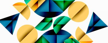 Katmanlı gradyan şekilli soyut geometrik arkaplan dinamik desenler oluşturuyor. Üst üste binen yarı daireler ve üçgenler derinlik ve karşıtlık yaratır