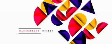 Katmanlı gradyan şekilli soyut geometrik arkaplan dinamik desenler oluşturuyor. Üst üste binen yarı daireler ve üçgenler derinlik ve karşıtlık yaratır