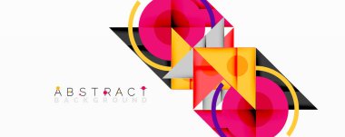 Üst üste binen üçgenler, daireler ve gradyanlarla soyut geometrik bileşim, merkezi dairesel dizayn ve metin