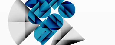 Kesişen daireler, üçgenler, kareler ve keskin açılarla soyut geometrik tasarım gradyan, derinlik ve kontrast içeren katmanlı bir bileşim yaratır.