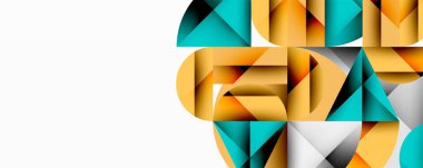 Kesişen daireler, üçgenler, kareler ve keskin açılarla soyut geometrik tasarım gradyan, derinlik ve kontrast içeren katmanlı bir bileşim yaratır.