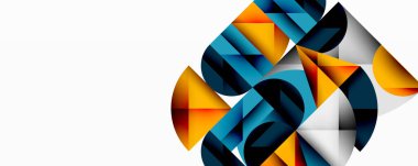 Üst üste binen daireler ve gradyanlarla soyut geometrik çizimler, daire kare üçgen şekilleri arka plan şekilleri keskin açısal kesikler, pürüzsüz gölgeleme ve yapılandırılmış katman bileşimi