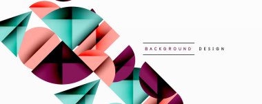 Katmanlı gradyan şekilli soyut geometrik arkaplan dinamik desenler oluşturuyor. Üst üste binen yarı daireler ve üçgenler derinlik ve karşıtlık yaratır