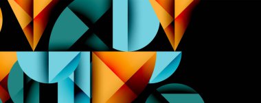 Katmanlı gradyan şekilli soyut geometrik arkaplan dinamik desenler oluşturuyor. Üst üste binen yarı daireler ve üçgenler derinlik ve karşıtlık yaratır