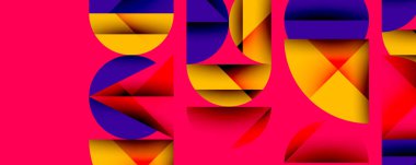 Katmanlı gradyan şekilli soyut geometrik arkaplan dinamik desenler oluşturuyor. Üst üste binen yarı daireler ve üçgenler derinlik ve karşıtlık yaratır