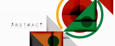 Üst üste binen üçgenler, daireler ve gradyanlarla soyut geometrik bileşim, merkezi dairesel dizayn ve metin