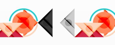 Üst üste binen üçgenler, daireler ve gradyanlarla soyut geometrik bileşim, merkezi dairesel dizayn ve metin