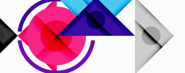 Üst üste binen üçgenler, daireler ve gradyanlarla soyut geometrik bileşim, merkezi dairesel dizayn ve metin