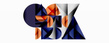 Kesişen daireler, üçgenler, kareler ve keskin açılarla soyut geometrik tasarım gradyan, derinlik ve kontrast içeren katmanlı bir bileşim yaratır.