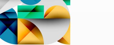 Üst üste binen daireler ve gradyanlarla soyut geometrik çizimler, daire kare üçgen şekilleri arka plan şekilleri keskin açısal kesikler, pürüzsüz gölgeleme ve yapılandırılmış katman bileşimi