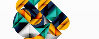 Kesişen daireler, üçgenler, kareler ve keskin açılarla soyut geometrik tasarım gradyan, derinlik ve kontrast içeren katmanlı bir bileşim yaratır.