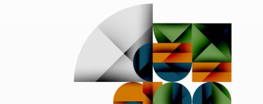 Kesişen daireler, üçgenler, kareler ve keskin açılarla soyut geometrik tasarım gradyan, derinlik ve kontrast içeren katmanlı bir bileşim yaratır.