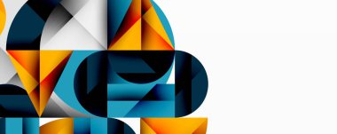 Üst üste binen daireler ve gradyanlarla soyut geometrik çizimler, daire kare üçgen şekilleri arka plan şekilleri keskin açısal kesikler, pürüzsüz gölgeleme ve yapılandırılmış katman bileşimi