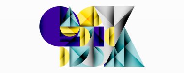 Kesişen daireler, üçgenler, kareler ve keskin açılarla soyut geometrik tasarım gradyan, derinlik ve kontrast içeren katmanlı bir bileşim yaratır.