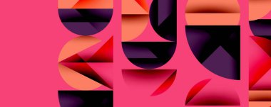 Katmanlı gradyan şekilli soyut geometrik arkaplan dinamik desenler oluşturuyor. Üst üste binen yarı daireler ve üçgenler derinlik ve karşıtlık yaratır