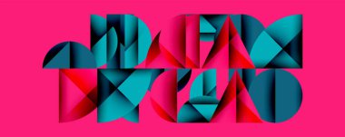 Katmanlı gradyan şekilli soyut geometrik arkaplan dinamik desenler oluşturuyor. Üst üste binen yarı daireler ve üçgenler derinlik ve karşıtlık yaratır