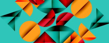 Katmanlı gradyan şekilli soyut geometrik arkaplan dinamik desenler oluşturuyor. Üst üste binen yarı daireler ve üçgenler derinlik ve karşıtlık yaratır