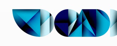 Katmanlı gradyan şekilli soyut geometrik arkaplan dinamik desenler oluşturuyor. Üst üste binen yarı daireler ve üçgenler derinlik ve karşıtlık yaratır