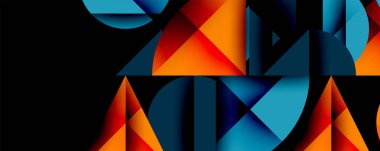 Katmanlı gradyan şekilli soyut geometrik arkaplan dinamik desenler oluşturuyor. Üst üste binen yarı daireler ve üçgenler derinlik ve karşıtlık yaratır