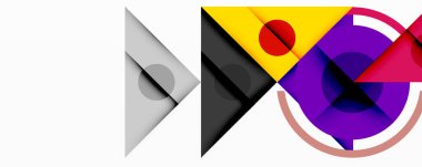 Üst üste binen üçgenler, daireler ve gradyanlarla soyut geometrik bileşim, merkezi dairesel dizayn ve metin