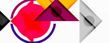 Üst üste binen üçgenler, daireler ve gradyanlarla soyut geometrik bileşim, merkezi dairesel dizayn ve metin