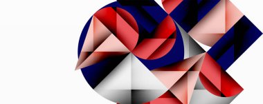 Kesişen daireler, üçgenler, kareler ve keskin açılarla soyut geometrik tasarım gradyan, derinlik ve kontrast içeren katmanlı bir bileşim yaratır.