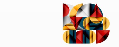 Üst üste binen daireler ve gradyanlarla soyut geometrik çizimler, daire kare üçgen şekilleri arka plan şekilleri keskin açısal kesikler, pürüzsüz gölgeleme ve yapılandırılmış katman bileşimi