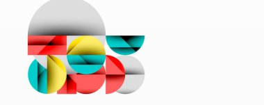 Üst üste binen daireler ve gradyanlarla soyut geometrik çizimler, daire kare üçgen şekilleri arka plan şekilleri keskin açısal kesikler, pürüzsüz gölgeleme ve yapılandırılmış katman bileşimi