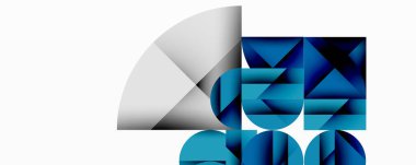 Kesişen daireler, üçgenler, kareler ve keskin açılarla soyut geometrik tasarım gradyan, derinlik ve kontrast içeren katmanlı bir bileşim yaratır.