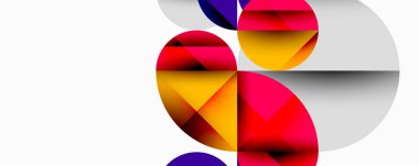 Üst üste binen daireler ve gradyanlarla soyut geometrik çizimler, daire kare üçgen şekilleri arka plan şekilleri keskin açısal kesikler, pürüzsüz gölgeleme ve yapılandırılmış katman bileşimi