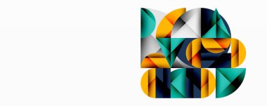 Kesişen daireler, üçgenler, kareler ve keskin açılarla soyut geometrik tasarım gradyan, derinlik ve kontrast içeren katmanlı bir bileşim yaratır.