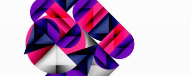 Üst üste binen daireler ve gradyanlarla soyut geometrik çizimler, daire kare üçgen şekilleri arka plan şekilleri keskin açısal kesikler, pürüzsüz gölgeleme ve yapılandırılmış katman bileşimi