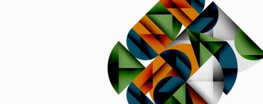 Kesişen daireler, üçgenler, kareler ve keskin açılarla soyut geometrik tasarım gradyan, derinlik ve kontrast içeren katmanlı bir bileşim yaratır.