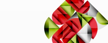 Kesişen daireler, üçgenler, kareler ve keskin açılarla soyut geometrik tasarım gradyan, derinlik ve kontrast içeren katmanlı bir bileşim yaratır.