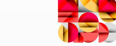 Kesişen daireler, üçgenler, kareler ve keskin açılarla soyut geometrik tasarım gradyan, derinlik ve kontrast içeren katmanlı bir bileşim yaratır.