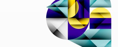 Kesişen daireler, üçgenler, kareler ve keskin açılarla soyut geometrik tasarım gradyan, derinlik ve kontrast içeren katmanlı bir bileşim yaratır.