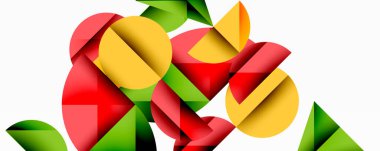 Katmanlı gradyan şekilli soyut geometrik arkaplan dinamik desenler oluşturuyor. Üst üste binen yarı daireler ve üçgenler derinlik ve karşıtlık yaratır