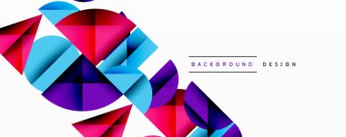 Katmanlı gradyan şekilli soyut geometrik arkaplan dinamik desenler oluşturuyor. Üst üste binen yarı daireler ve üçgenler derinlik ve karşıtlık yaratır