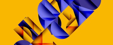 Katmanlı gradyan şekilli soyut geometrik arkaplan dinamik desenler oluşturuyor. Üst üste binen yarı daireler ve üçgenler derinlik ve karşıtlık yaratır