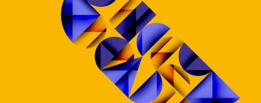 Katmanlı gradyan şekilli soyut geometrik arkaplan dinamik desenler oluşturuyor. Üst üste binen yarı daireler ve üçgenler derinlik ve karşıtlık yaratır