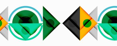 Kesişen üçgenler, daireler ve gradyanlarla soyut geometrik bileşim, derinlik ve kontrastla dinamik bir katman oluşturur.