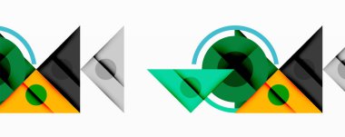 Kesişen üçgenler, daireler ve gradyanlarla soyut geometrik bileşim, derinlik ve kontrastla dinamik bir katman oluşturur.