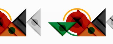 Üst üste binen üçgenler, daireler ve gradyanlarla soyut geometrik bileşim, merkezi dairesel dizayn ve metin